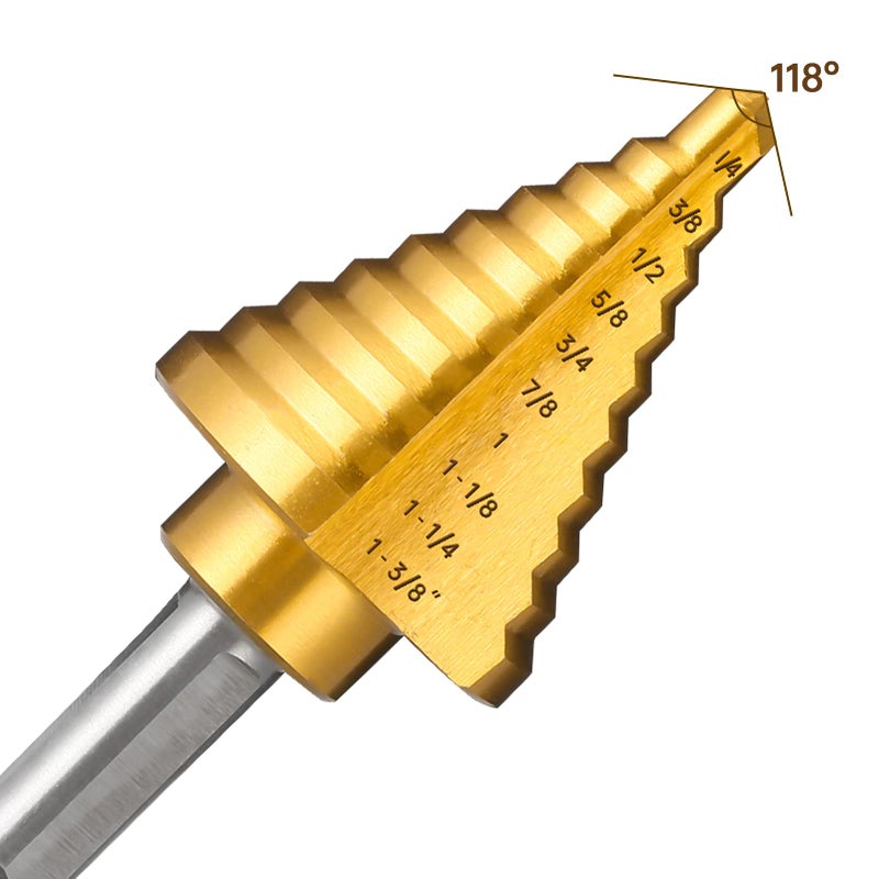 IRONANT Titanium Step Drill Bit, 1/4"" to 1-3/8"" Step Bit for Metal, 10 Sizes HSS Step Drill Unibit - Image 3